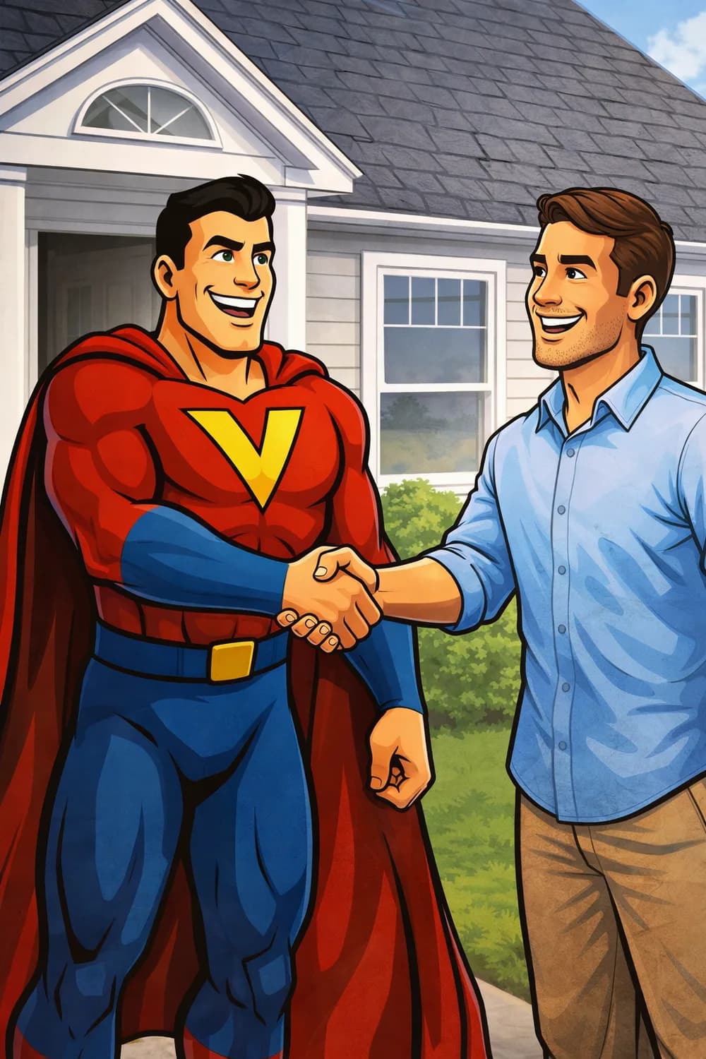 Cartoon Vent My Attic hero shaking hands with a homeowner outside a house