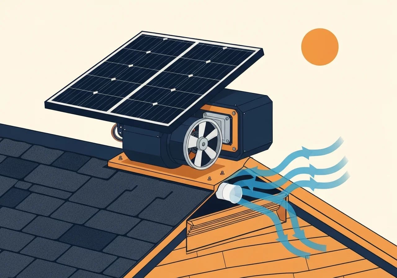 Cutaway diagram of a 30W solar attic fan installed on a roof slope showing the solar panel, motor, and airflow