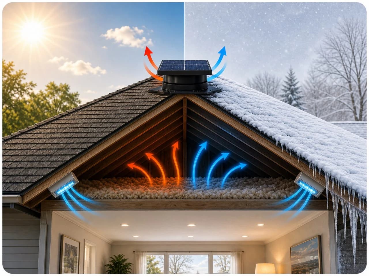 Year-round cutaway: a solar attic fan moves hot air out of a Florida attic in summer and balances airflow in winter to manage moisture and ice damming