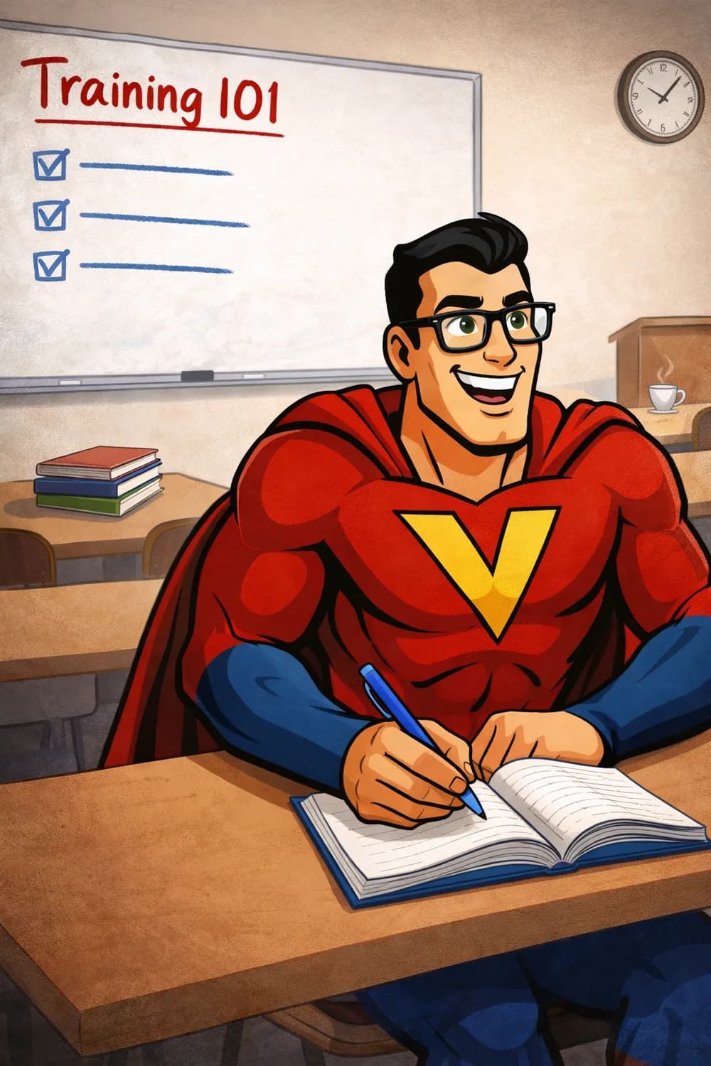 Cartoon Vent My Attic hero at a classroom desk under a Training 101 checklist